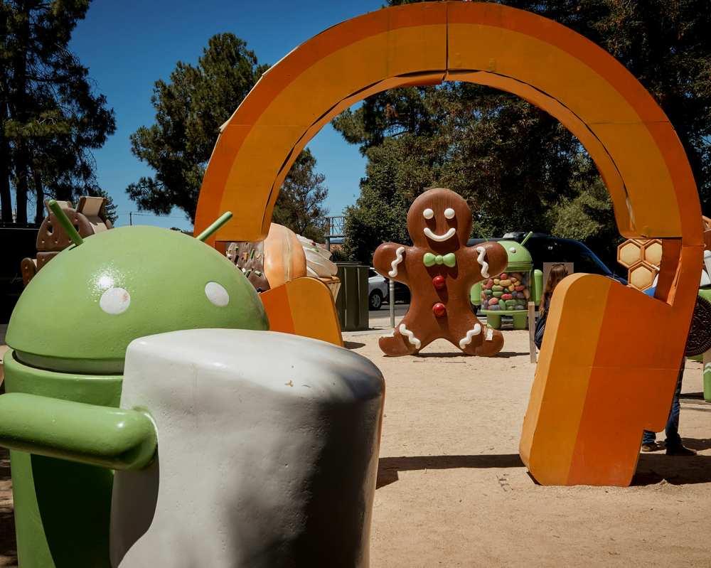 Android mascot statues at Google's campus including the iconic green Android robot and Gingerbread man